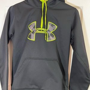 Under Armour, small, black hoodie with lime green ties, semi-fitted, like new